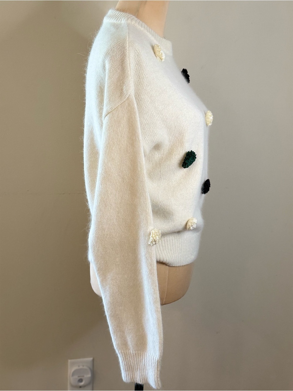 J. Story cream knit sweater white navy floral pom poms SZ M - Picture 2 of 12
